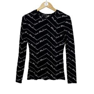 LOVE MOSCHINO All Over Logo Print Long Sleeve T-Shirt Black White Womens Sz 6